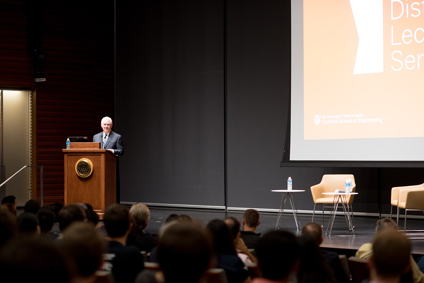 Rex W. Tillerson delivering speech at podium