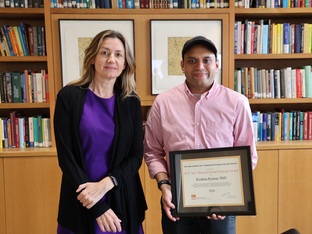 Texas Engineer Krishna Kumar holding Oden Institute award