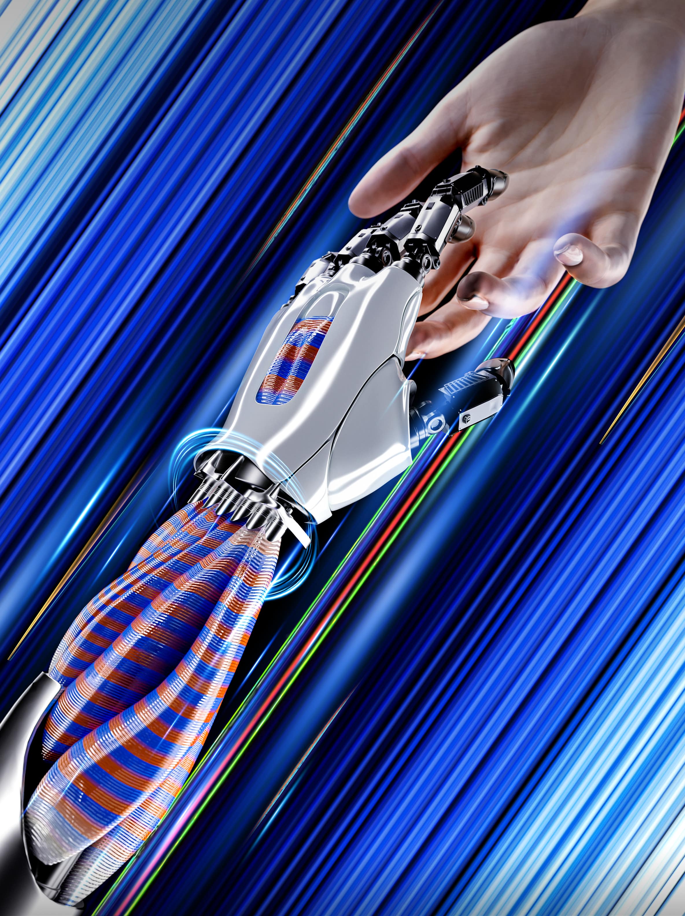 3D graphic of robotic arm and human hand