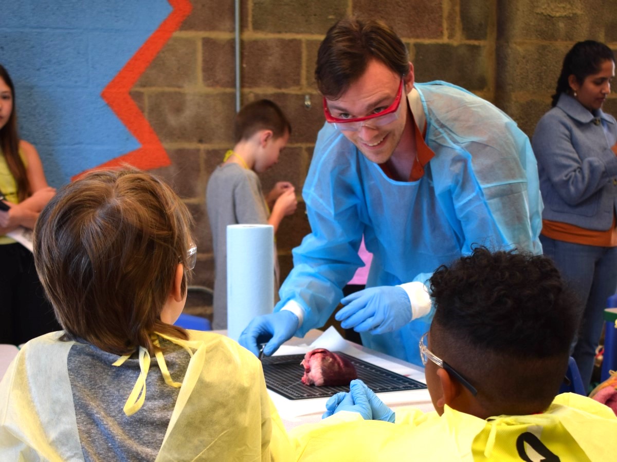 Texas Engineering students teaching a heart dissection workshop to young kids.